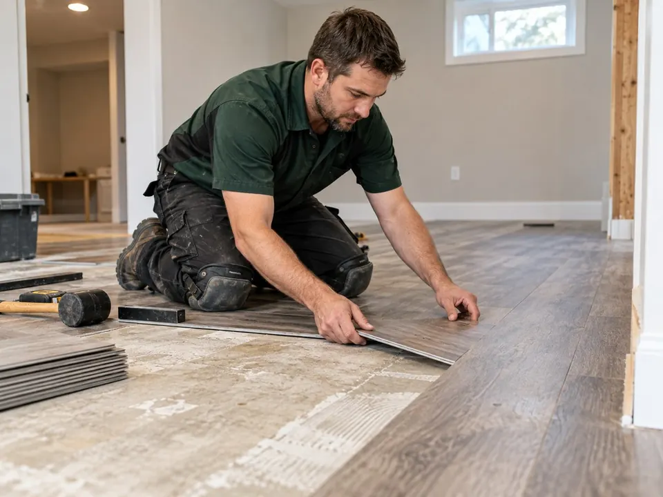 Installer laying vinyl plank flooring in an empty room