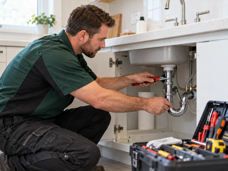 Crew member tightening a sink drain under a bathroom vanity