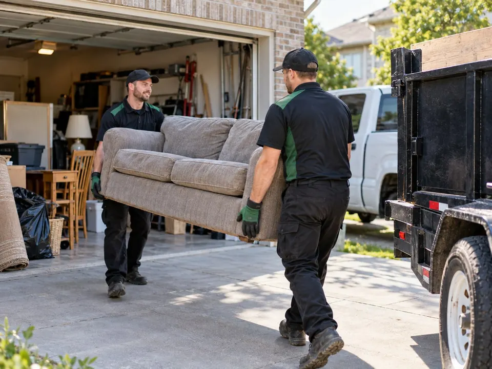Two crew members carrying an old couch out of a garage to a trailer