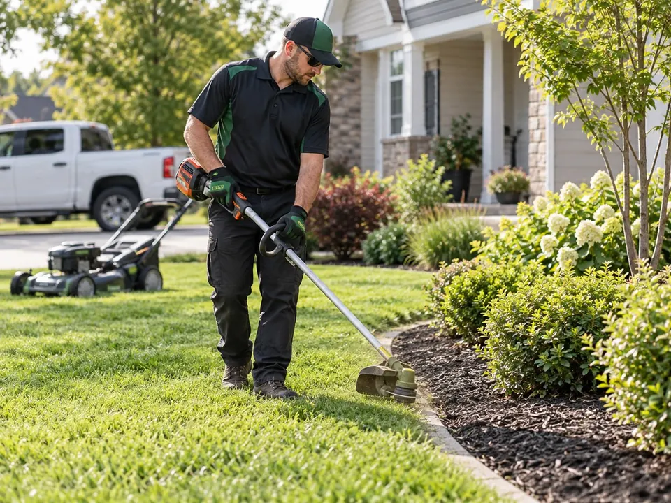 Crew member trimming a lawn edge beside a garden bed