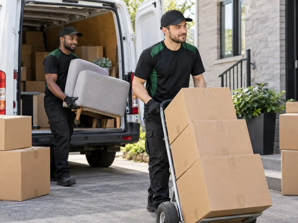 Crew member wheeling boxes on a dolly from a moving van