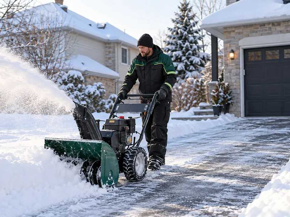 Crew member clearing a residential driveway with a snow blower