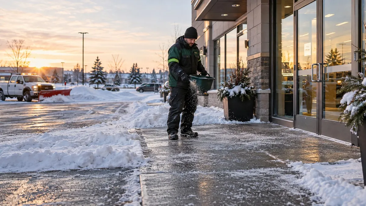 Crew member spreading salt on a commercial walkway at sunrise