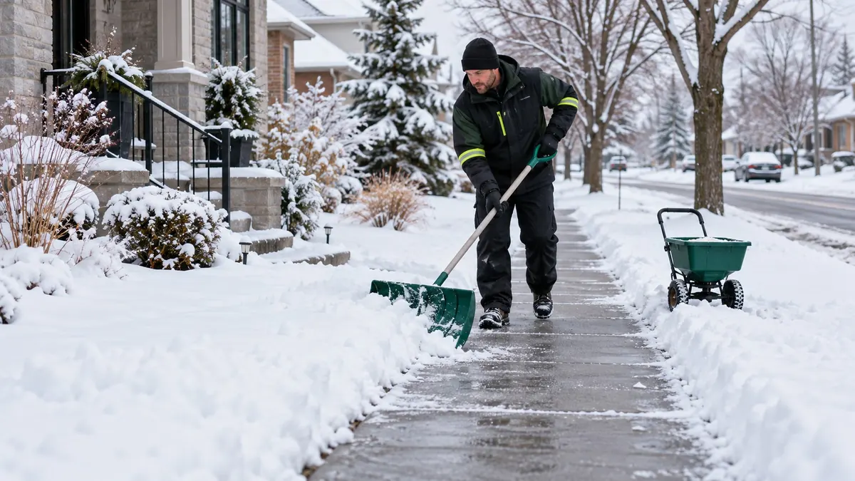 Crew member shovelling a residential walkway with a salt spreader nearby